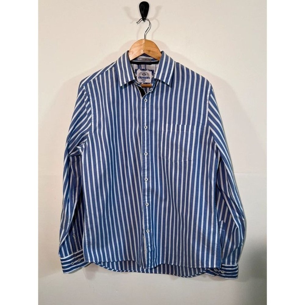 Express Men’s Blue White Striped Fitted Button Down Dress Shirt Medium